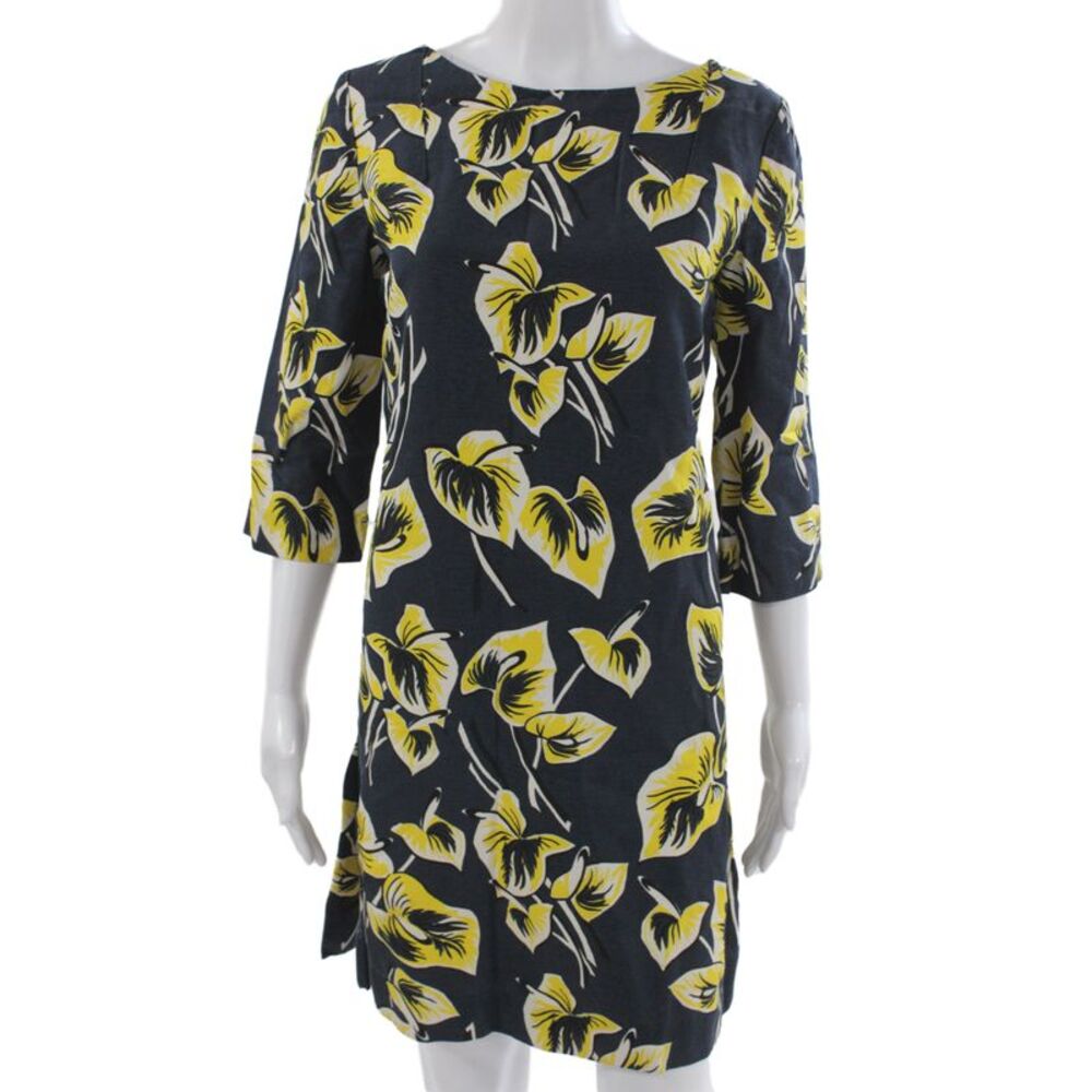 Marni Women Dark Blue Floral Shift Dress Square Neck 3/4 Sleeve Cotton Size 42